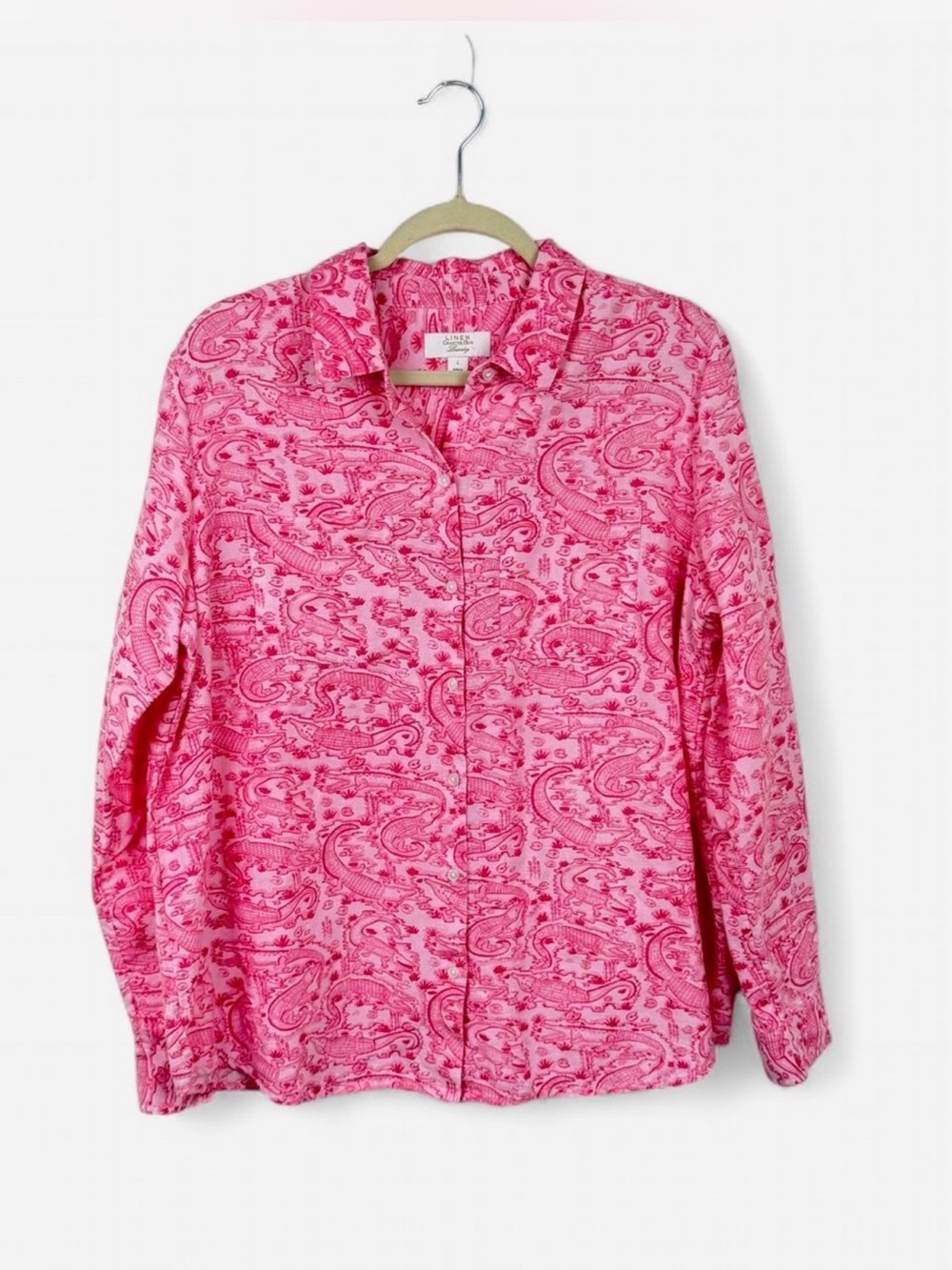 Charter Club Linen Luxury Pink Alligator Print Button Up Shirt L